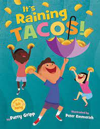 Children joyful under raining tacos illustration.