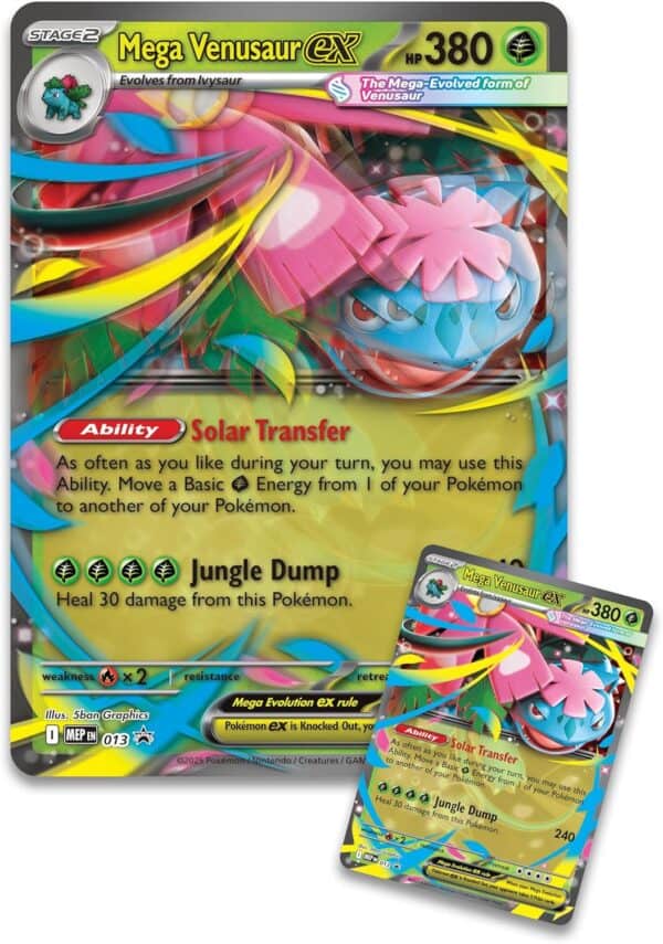 Mega Venusaur EX Pokémon card with abilities description.