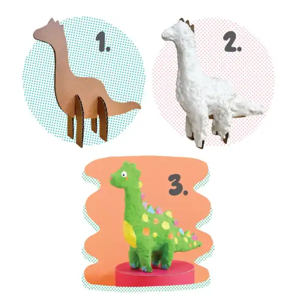 Three dinosaur sculptures: cardboard, white textured, colorful painted.