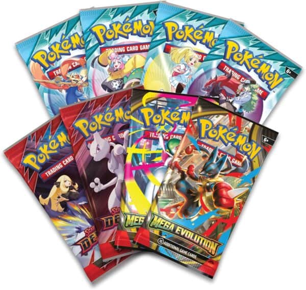 Assorted Pokémon trading card packs on display.