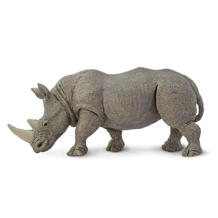 Gray rhinoceros figurine on white background.