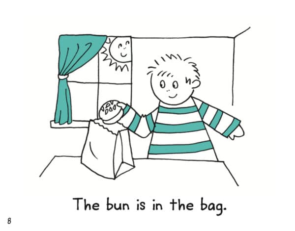Child puts bun in paper bag.