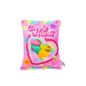 Colorful candy heart pillow with messages.