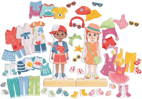 Paper dolls with interchangeable outfits and accessories.