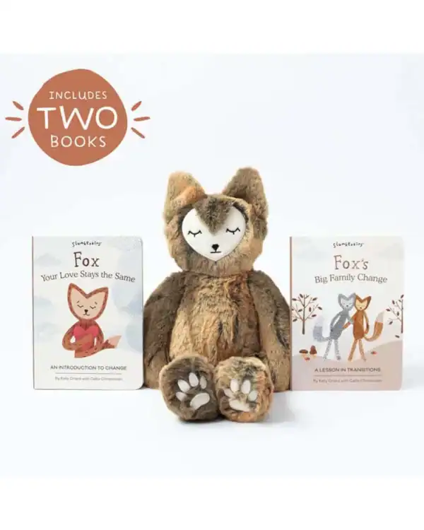 Stuffed fox toy with two children's books.