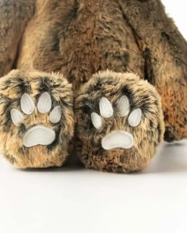 Furry bear paw slippers on white background.