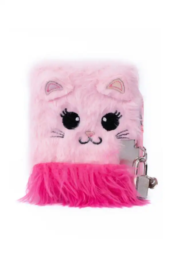 Pink fluffy cat journal with a lock