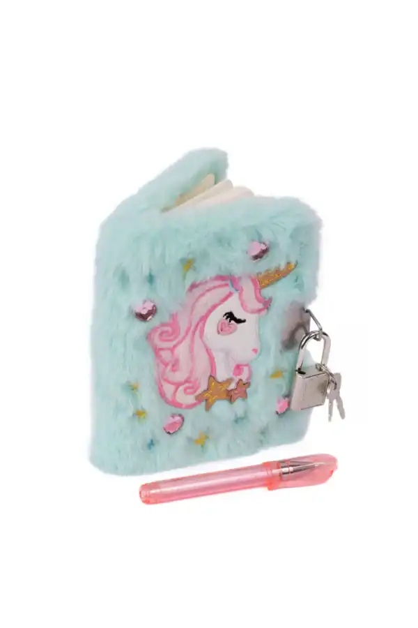 Furry unicorn diary with lock and pen.