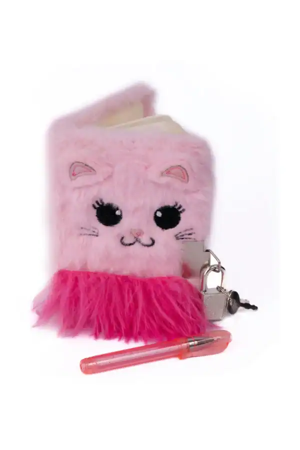 Pink furry cat diary with lock and pen