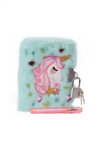 Fluffy unicorn diary with padlock and pink pen.