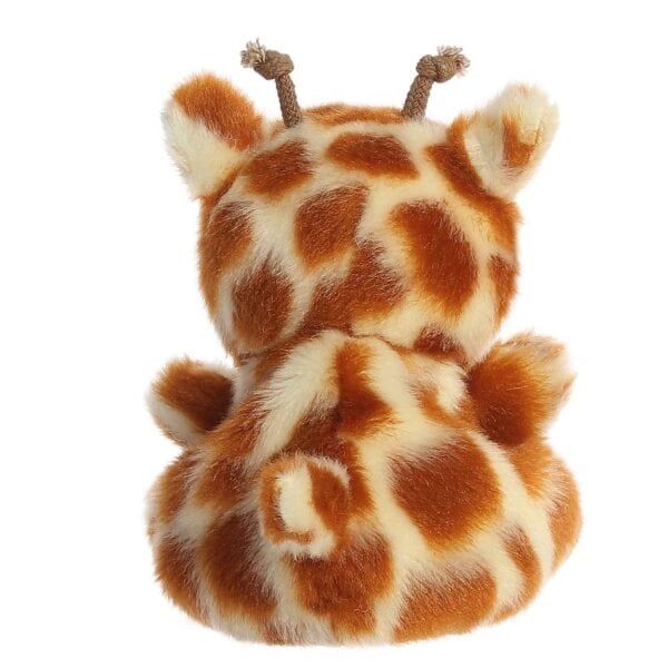 Plush giraffe toy viewed from the back