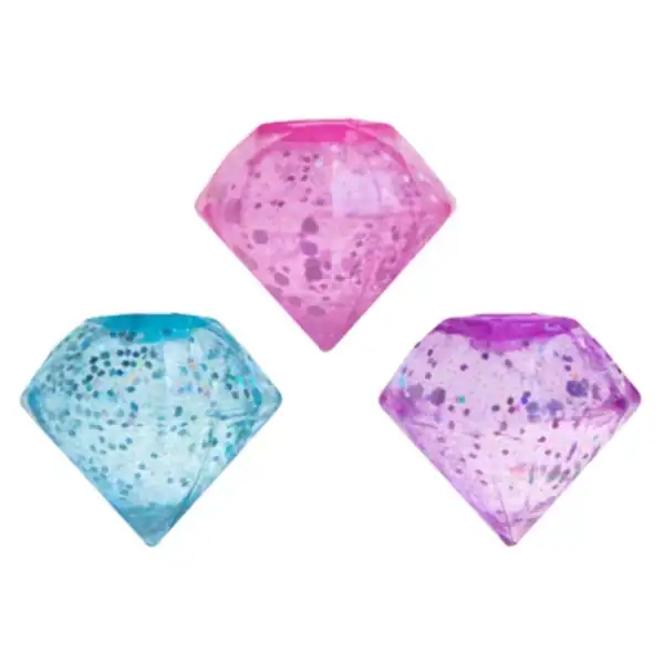 Three colorful, glittery diamond-shaped objects