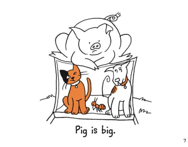 Big pig sits on doghouse with cat, dog, ant.
