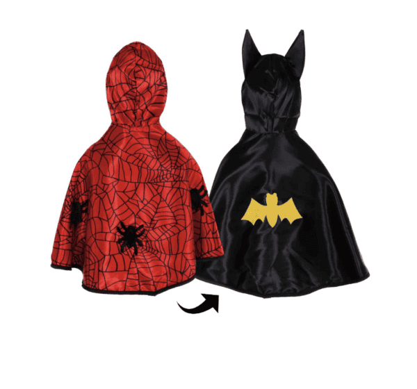 Red spider and black bat themed kids capes.