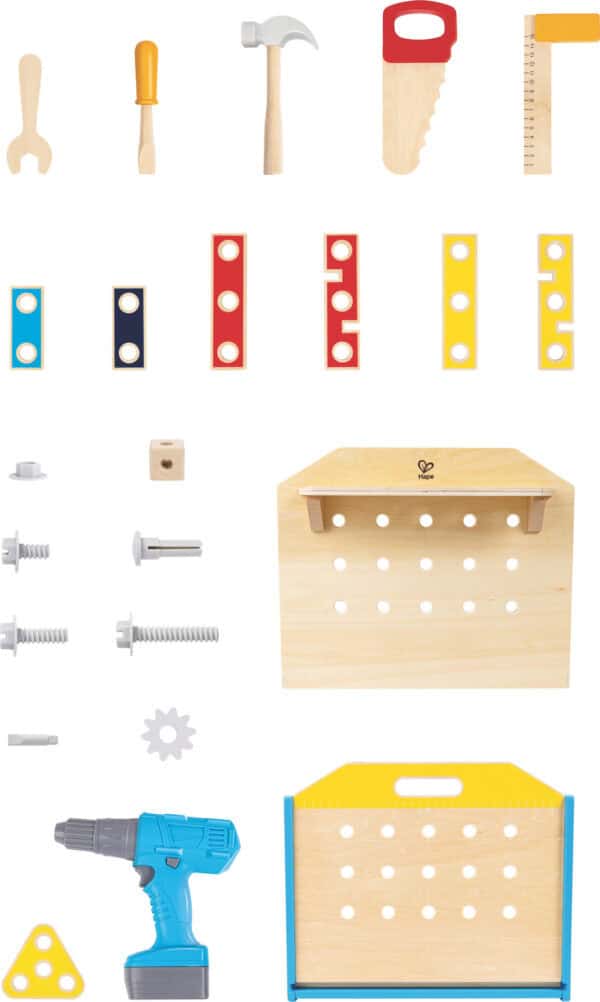 Kids' wooden toy tool set, assorted tools displayed.