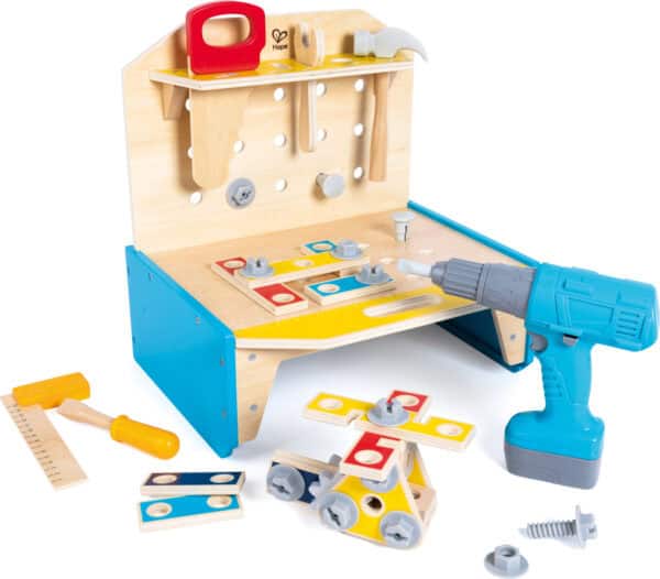 Children's wooden toy workbench with tools.