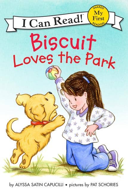 Biscuit loves park: girl playing with yellow puppy.