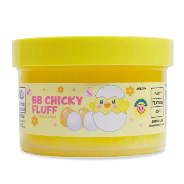 BB Chicky Fluff slime container, yellow with chick design.