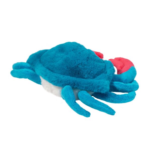Blue stuffed crab toy with red claws