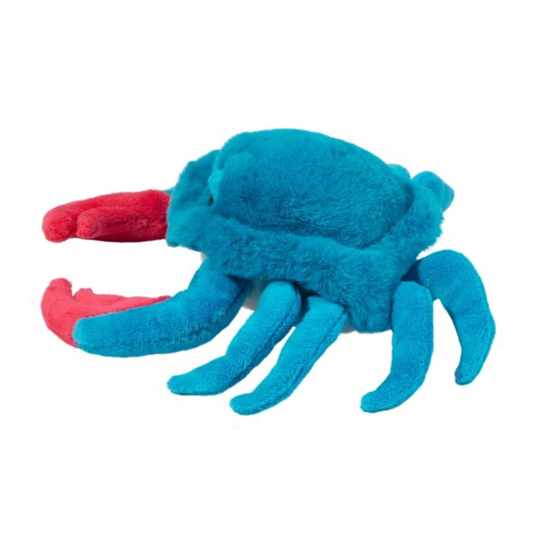 Plush teal crab toy with red claws