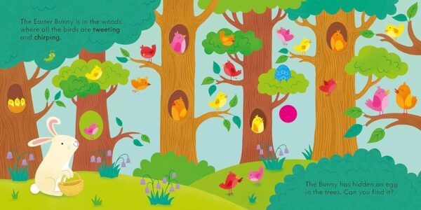 Easter Bunny in forest with colorful birds and egg.