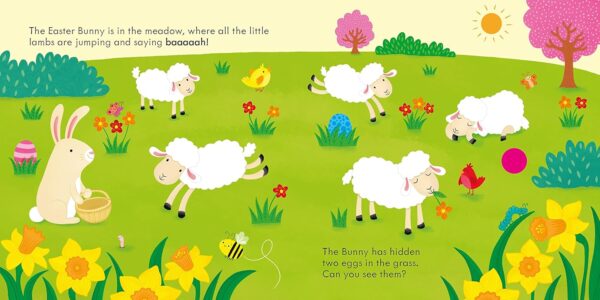 Easter Bunny with lambs in a colorful meadow.