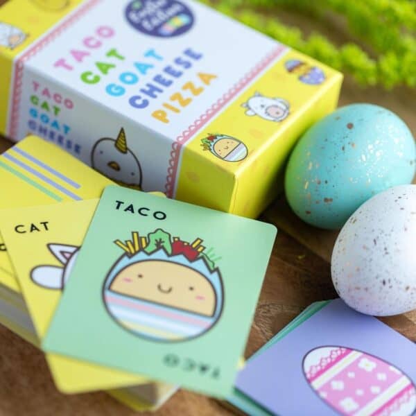 Taco Cat Goat Cheese Pizza card game and eggs.