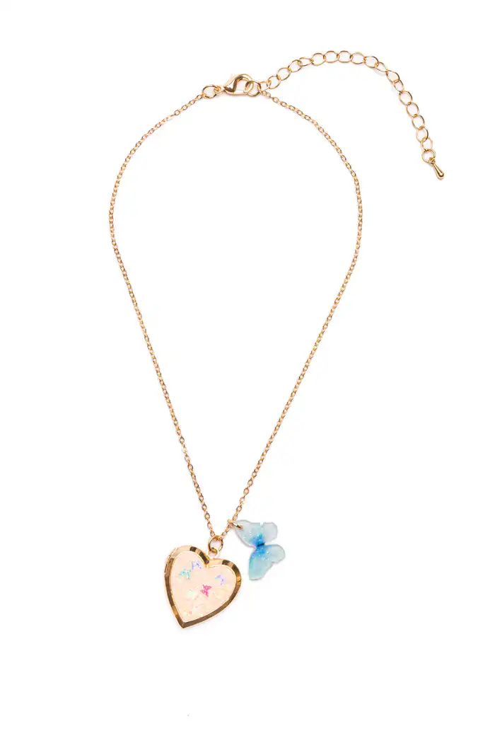 Gold heart necklace with blue butterfly charm.