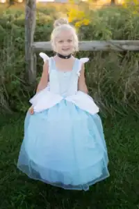 Child in princess costume standing outdoors