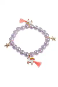 Unicorn charm bracelet with purple beads, star accents.