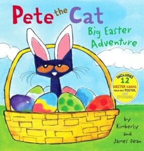 Pete the Cat with Easter eggs in basket.