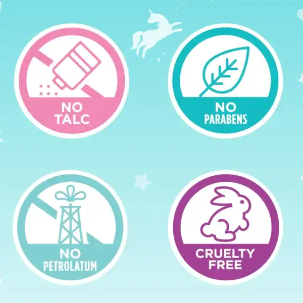 Product labels: No talc, parabens, petrolatum, cruelty-free.