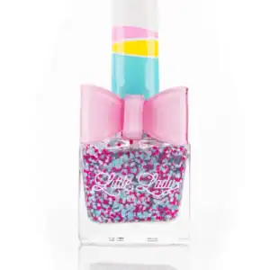 Colorful glitter nail polish with pink bow.