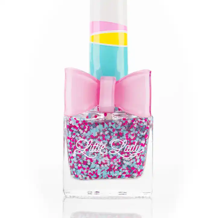 Colorful glitter nail polish with pink bow.