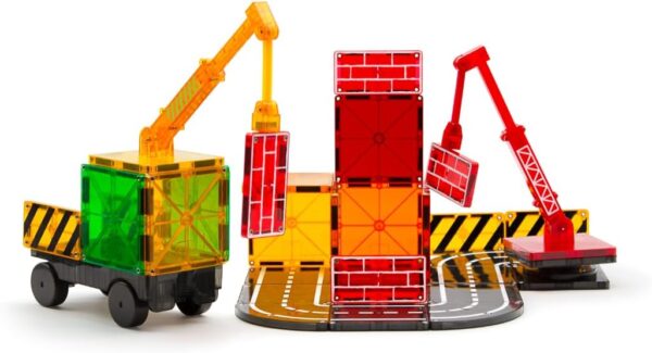 Magnetic tile construction set with cranes and blocks.