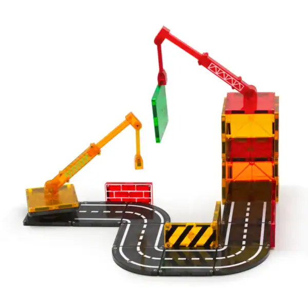 Colorful magnetic building blocks with toy cranes.
