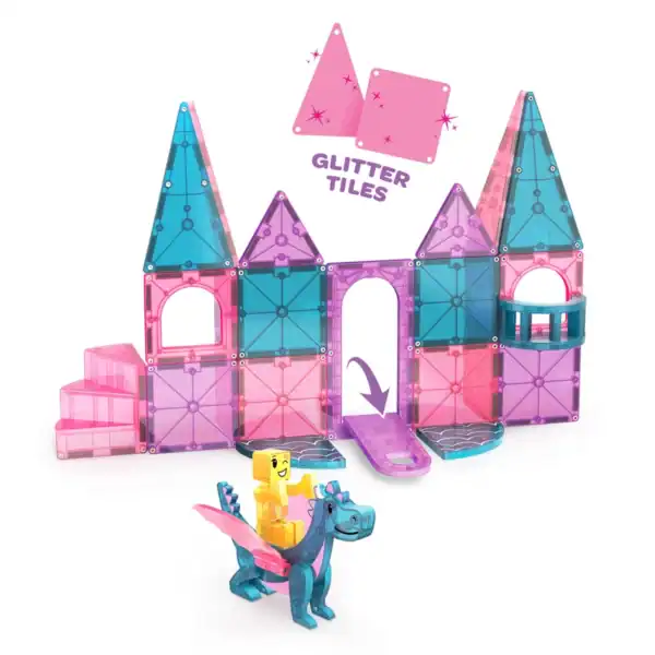 Colorful toy castle with glitter tiles and dragon.