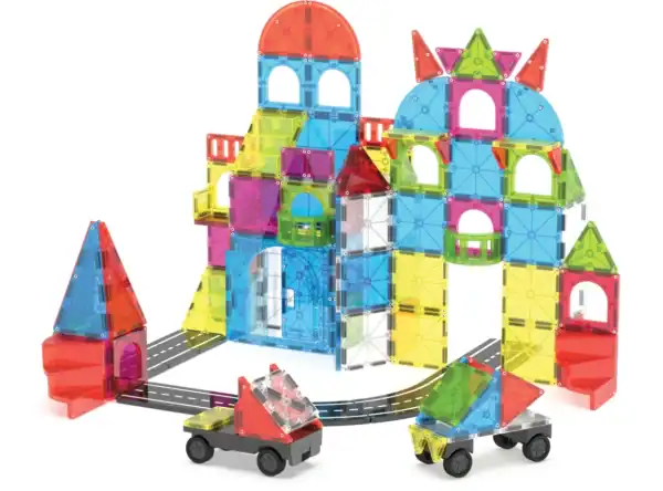Colorful magnetic building blocks with toy cars