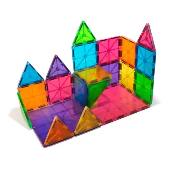 Colorful magnetic building blocks castle structure.