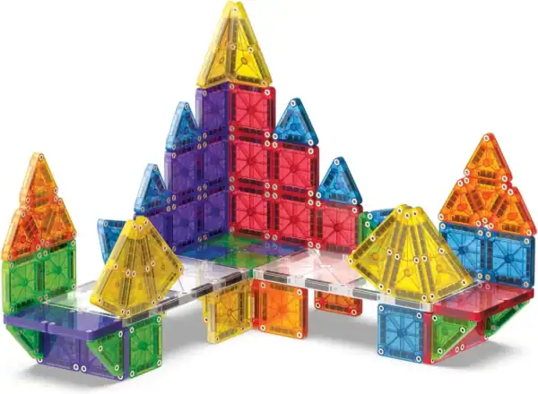 Colorful magnetic tiles forming geometric castle structure.