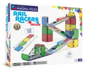 Magna-Tiles Rail Racers Deluxe set with tracks.