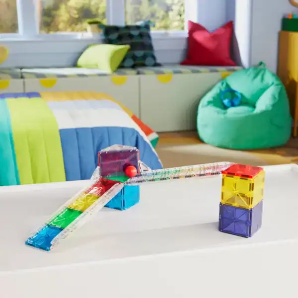 Colorful magnetic blocks in a kid's playroom.