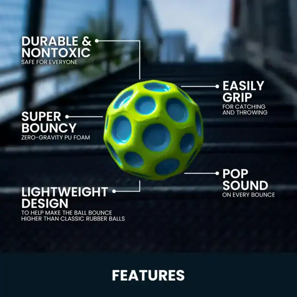 Green bouncy ball with unique features highlighted.