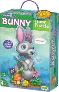Shimmery bunny floor puzzle box with colorful design.