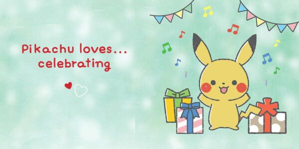 Pikachu celebrates with gifts and music notes.