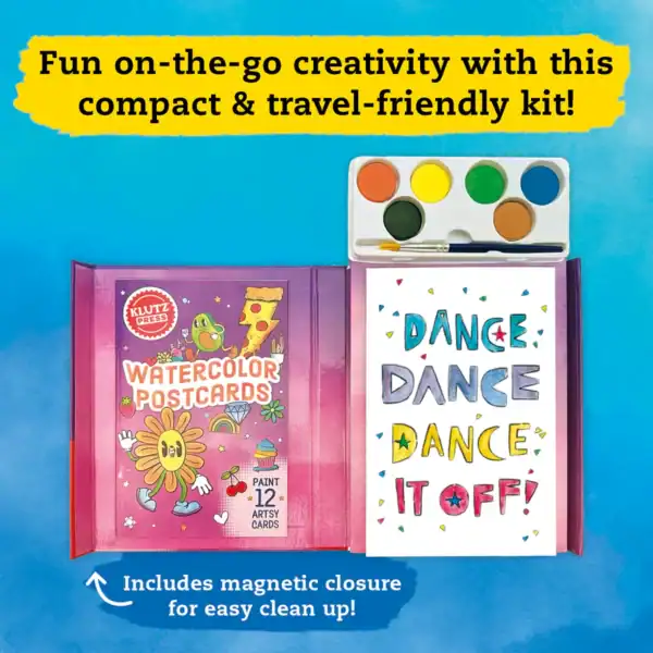 Travel watercolor postcard kit with magnetic closure.