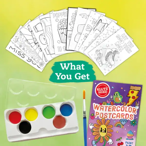 Watercolor postcards set with paint and brush.