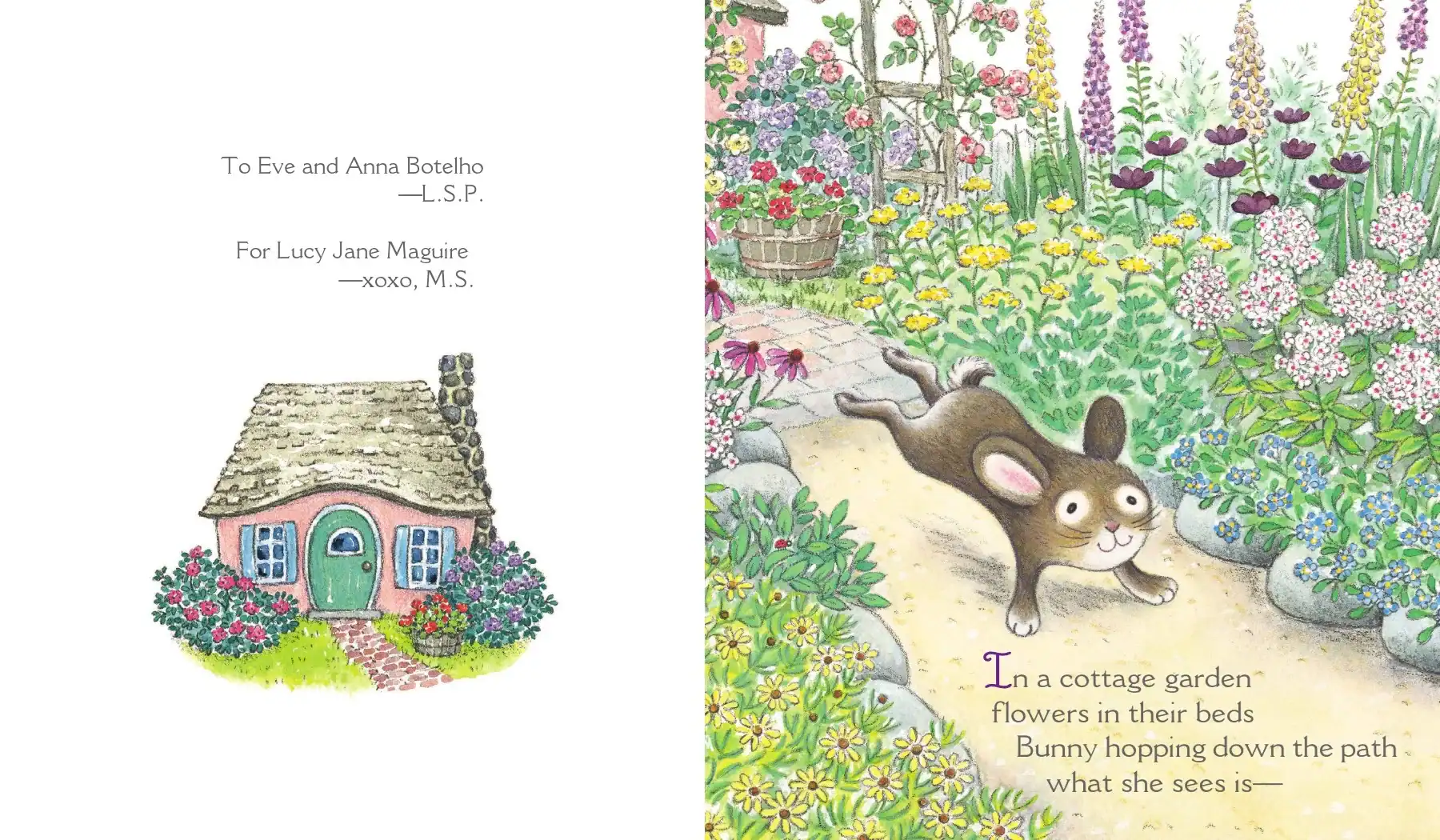 Illustration of bunny hopping in a colorful garden.