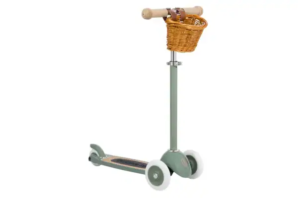 Green scooter with wicker basket