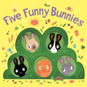 Five cartoon bunnies on colorful cover illustration.